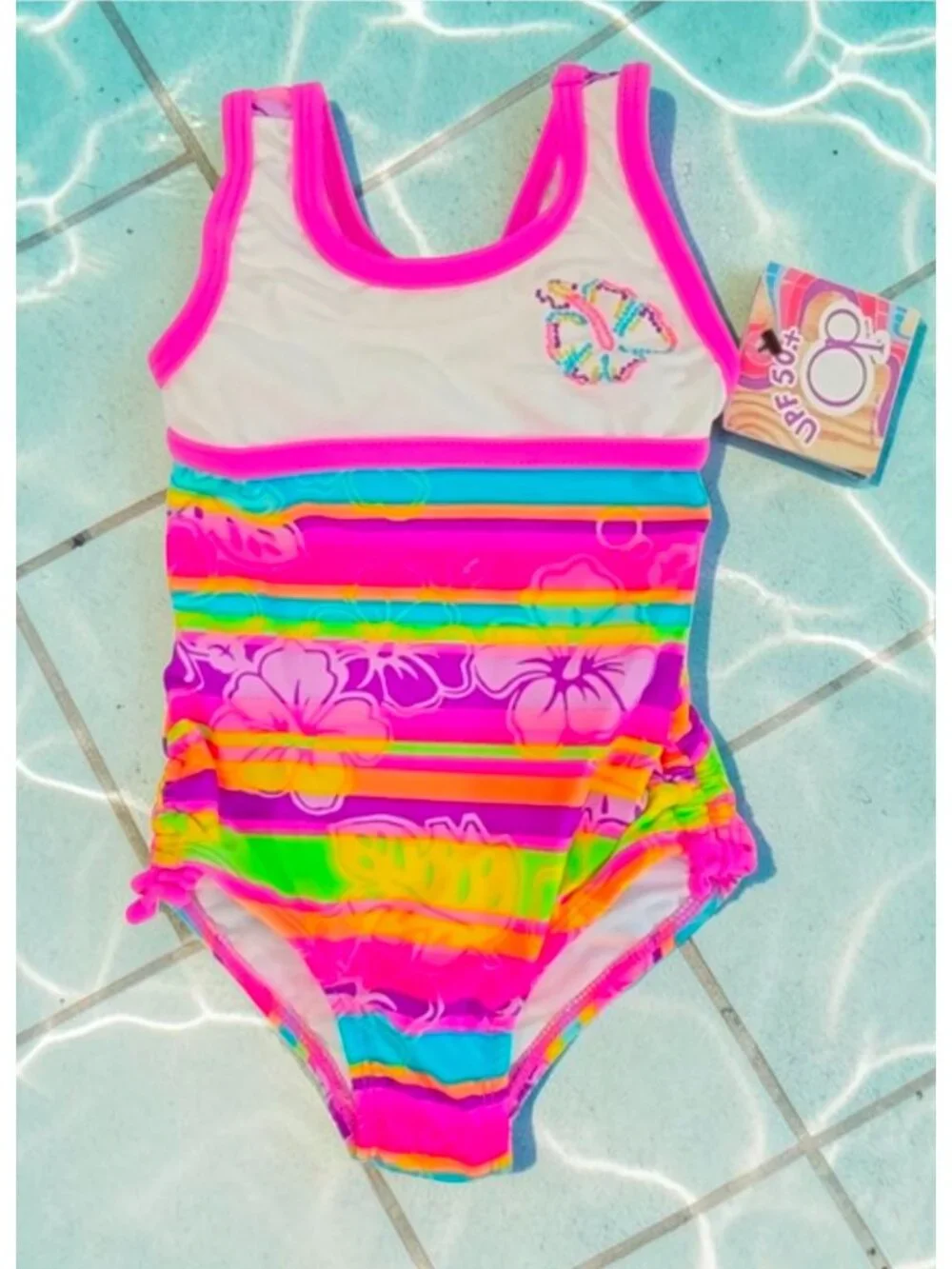 Girls Floral Striped Swimsuit With UPF 50+ Protection Size 12M Multicolor Stripe